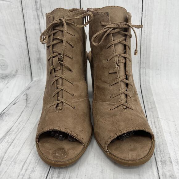 Report (11) BRAID Brown Faux Suede Leather Lace Up Heel Booties - Picture 4 of 9